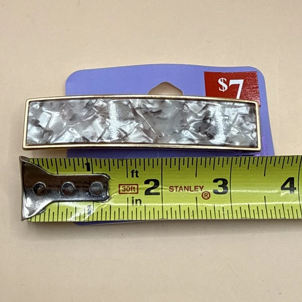 Claire's Rectange Silver Black Marble Print Barrette Hair Clip Gold Rim 3.5